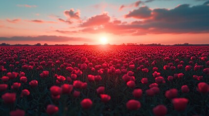 A field of red flowers with a sun in the background