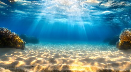 Fototapeta premium Underwater view of a sandy tropical seabed, showcasing the beauty and tranquility of clean white sand and blue water. A beautiful view of the seabed with small rocks. Beautiful calm sea