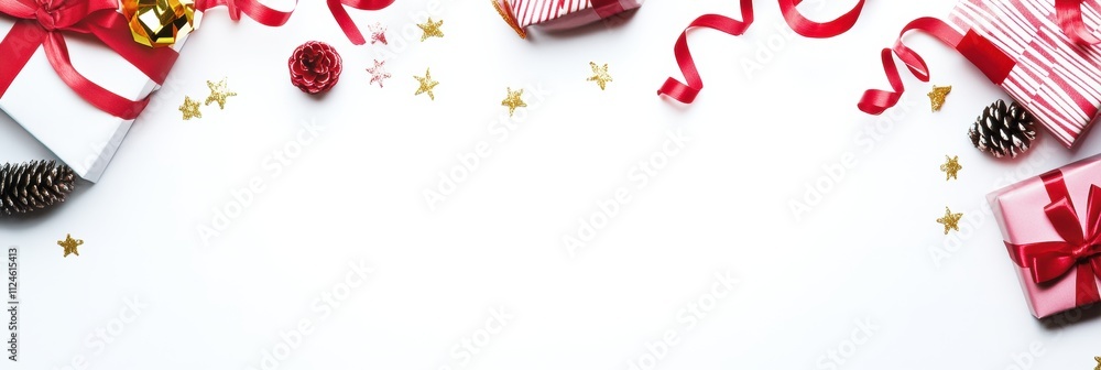 Poster colorful gift wrapping items including paper, ribbons, and cards are creatively arranged with space 