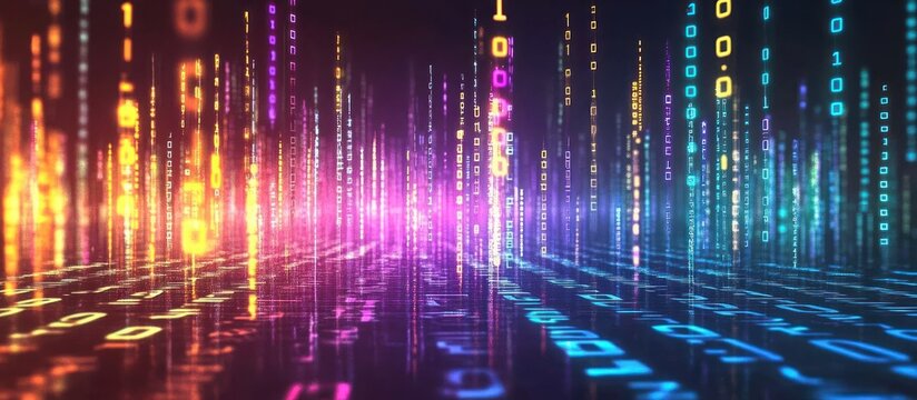Glowing binary code numbers cascading through a high-tech dark digital landscape, with luminous lines and lights, conveying the concept of information flow 