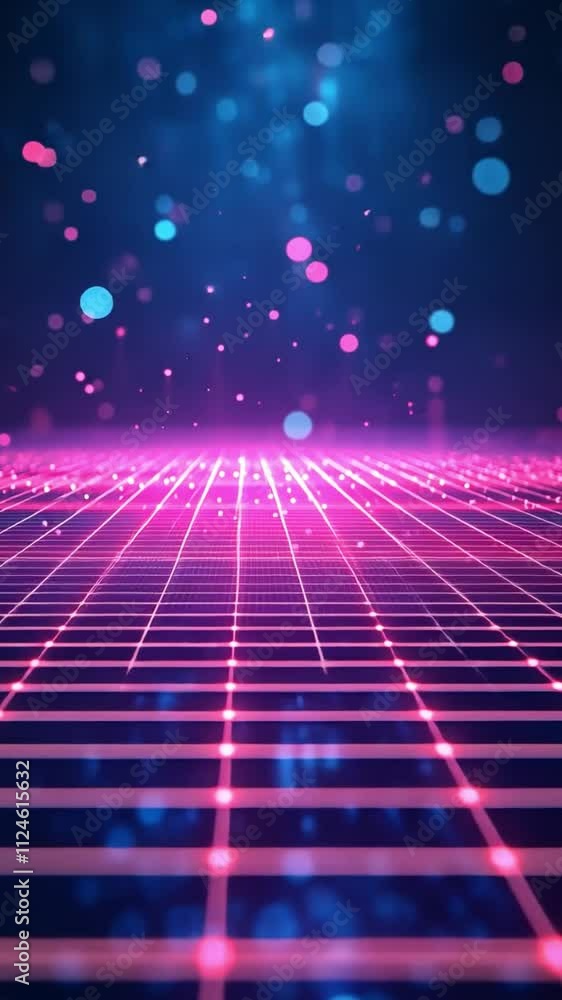 Poster neon grid: a futuristic, abstract background with a glowing neon grid and bokeh lights, perfect for 