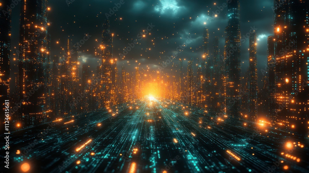 Poster futuristic digital technology abstract banner background with glowing circuits and vibrant lights
