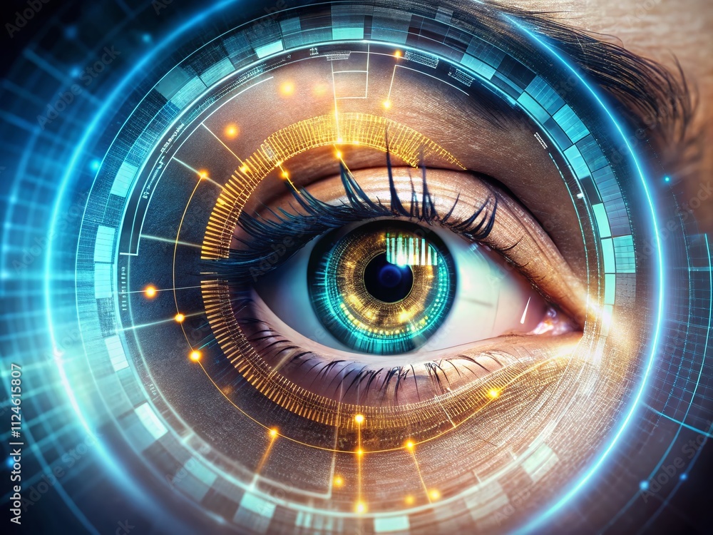 Poster aerial close-up of a biometric eye scan representing the future of virtual reality and advanced tech
