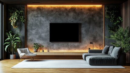Modern Living Room with Armchair Lamp Wooden Table and Plants on Gray Wall Background 3D Rendering