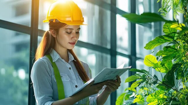 Beautiful female engineer innovating in green architecture and eco-friendly designs	
