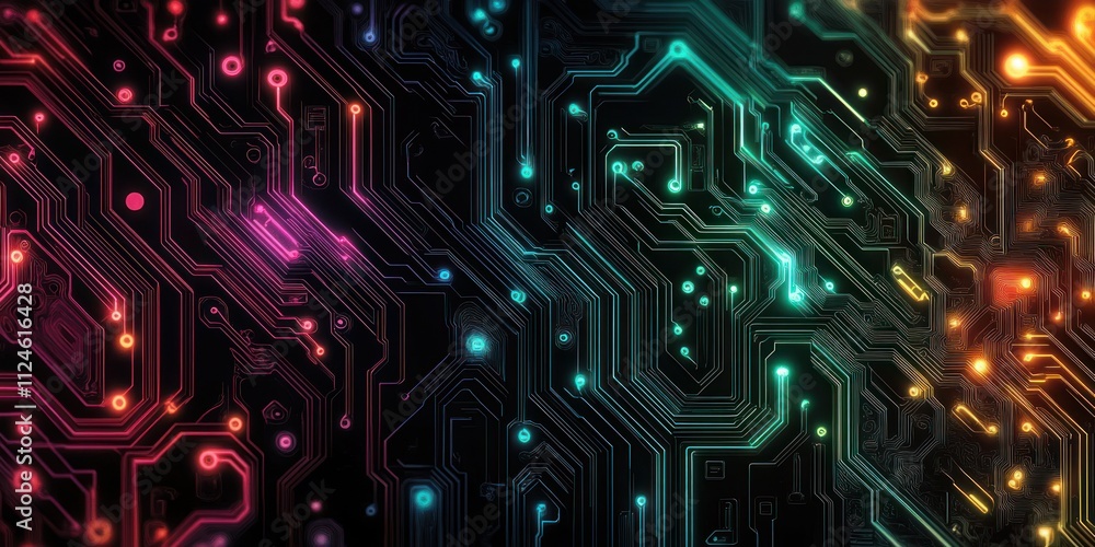 Aufkleber Abstract Circuit Board Pattern with Vibrant Neon Lines and Soft Glow