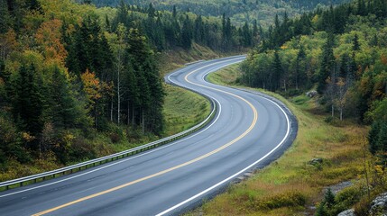 Fototapeta premium A winding road through a forest, with a guardrail on the side.