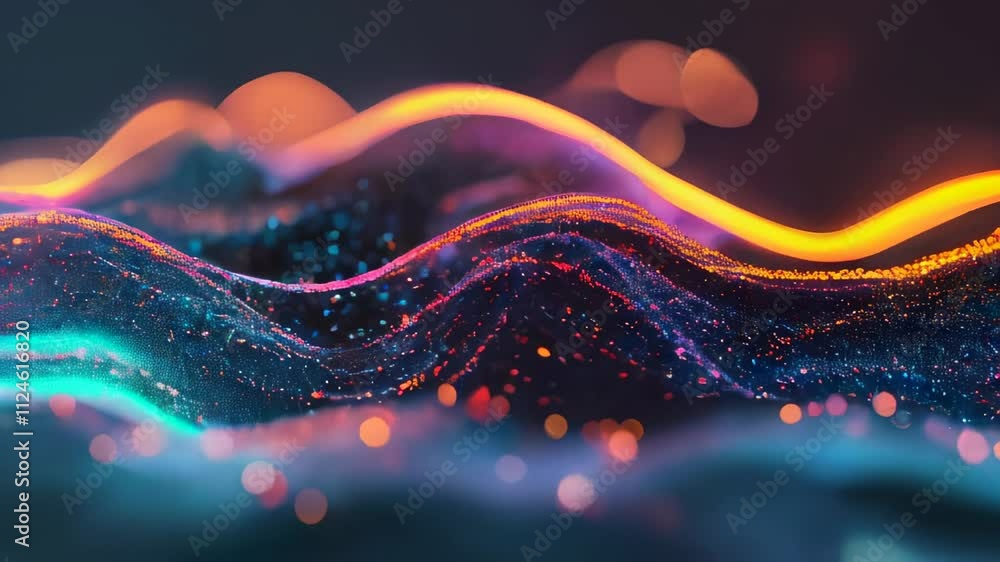 Aufkleber abstract visualization of colorful, undulating digital waves with sparkling particles and bright neo