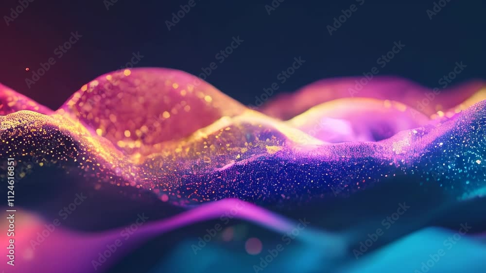 Poster abstract, glittering rainbow-colored waves set against a dark background, creating a magical and vib