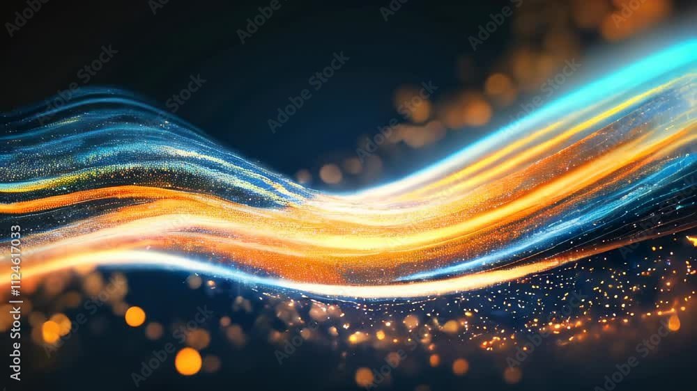 Aufkleber abstract flowing waves in golden and blue hues with sparkling particles on a dark background, creati
