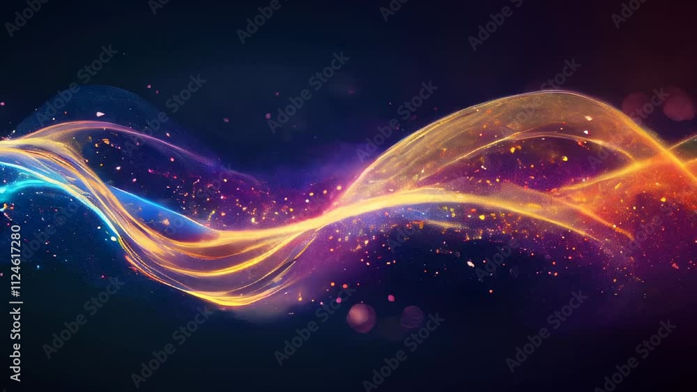 Poster abstract, glittering rainbow-colored waves set against a dark background, creating a magical and vib