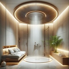 Ceiling Mounted Shower A shower with a ceiling mounted showerhea