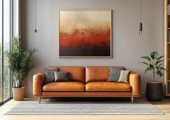 Minimalist Living Room Interior with Tan Leather Sofa Natural Wood Accent and Potted Plant
