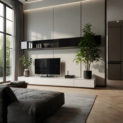 A living room with a black television and a potted plant