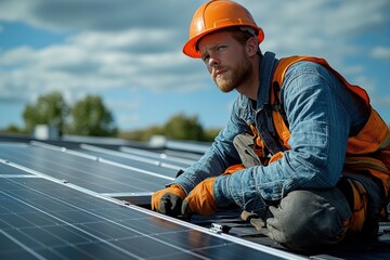 Fototapeta na wymiar Handyman installs solar panels on roof of new building under a clear sky