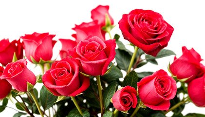 Obraz premium A bouquet of vibrant red roses with green leaves against a white background