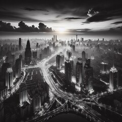 City at Night A black and white photograph of a cityscape at nig