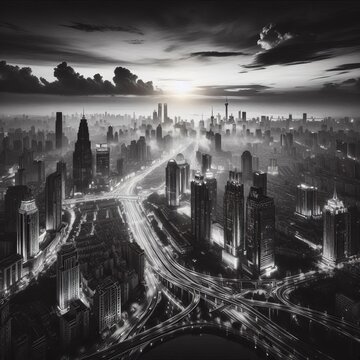 Fototapeta City at Night A black and white photograph of a cityscape at nig