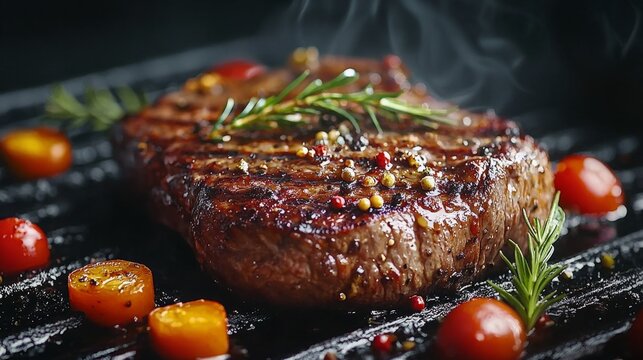 A piece of meat with a lot of seasoning on it is on a grill