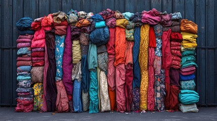 Colorful stacks of fabric arranged in vibrant layers.