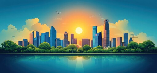 Obraz premium Minimalist Vector Illustration of Singapore Skyline with Greenery and Iconic Buildings