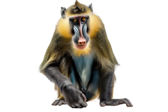 Hyperrealistic Mandrill Sitting Upright with Hands on Knees - A Stunning Depiction of Wildlife for Educational and Artistic Use