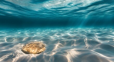 Fototapeta premium Underwater view of a sandy tropical seabed, showcasing the beauty and tranquility of clean white sand and blue water. A beautiful view of the seabed with small rocks. Beautiful calm sea