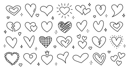 Hand drawn hearts set. Design elements for Valentine's day. Doodle heart shapes on white background. Vector illustration