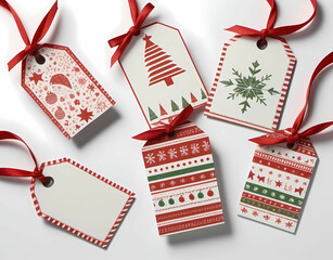 Fototapeta premium Christmas-themed gift tags with festive patterns on white background Generative AI