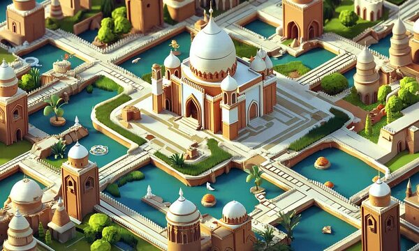 Isometric View of a Mughal-Style Palace Complex with Reflecting Pools