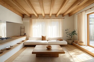 Cozy High Ceiling Living Room and Kitchen with Wooden Beams and Minimalist Design