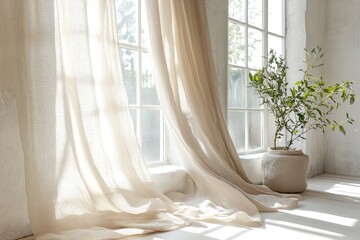 Sunlit room with sheer curtains and plant pot.