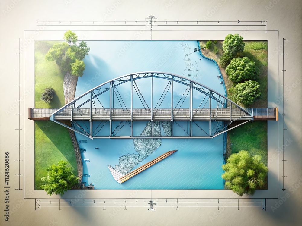 Poster aerial photography of a simple bridge sketch for informational flyers featuring clear lines and mini