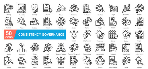 Consistency Governance Icon Sheet Planning, Presentation, Reliability, Payment, Failure, Maintenance, Evaluation, Time Alert, Target, Degradation, Availability, Failure, Prediction, Analysis, Recovery