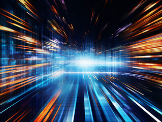 Obraz premium Space technology background with fast moving light particles. Cyber big data flow. Wireless network, high speed internet.