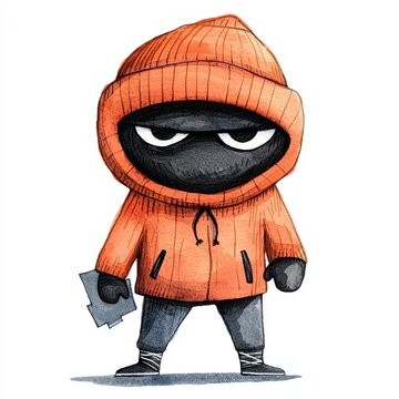 recommend clip art: Cute Watercolor Thief in Orange Hoodie Isolated Illustration