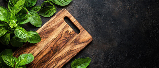 A wooden cutting board is surrounded by fresh green herbs, creating a rustic kitchen scene on a dark background.
