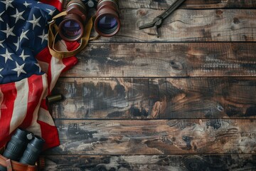 A vintage American flag lays on a rustic wooden table, accompanied by binoculars and various tools, suggesting preparation for an outdoor adventure or exploration.