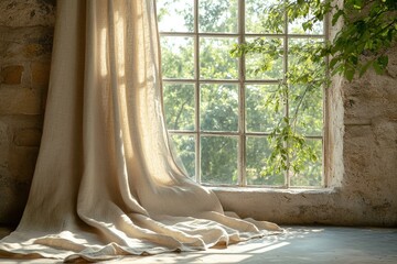 Sunlit room with elegant curtain by vintage window.