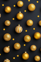 Golden christmas ornaments on a black background with gold dots