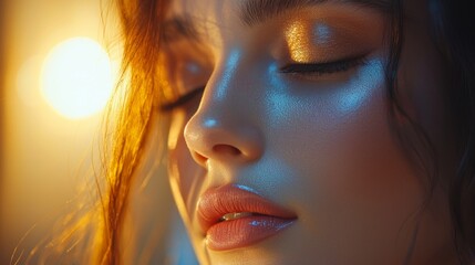 A woman with long brown hair and a bright orange sun in the background