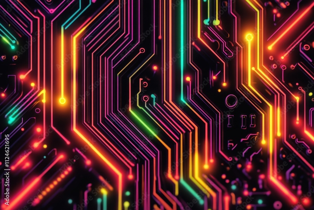 Aufkleber vibrant cyberpunk circuit board abstract design with neon lines and geometric patterns