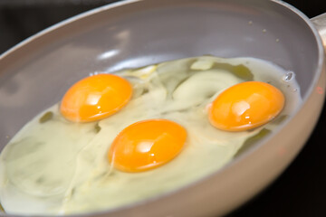 Three eggs in a frying pan