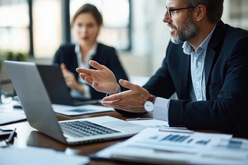 Business Professionals Engaged in Meeting Discussion in Modern Office