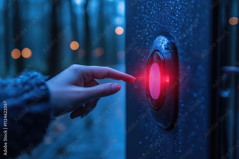 Poster woman using fingerprint scanner for cutting-edge security access in a modern setting