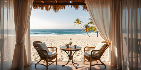Outdoor restaurant at romantic beach. Table setting at tropical coastal restaurant. Cozy moody wooden tables, chairs under beautiful sunny sky, curtains and sea view. Luxury hotel or resort restaurant