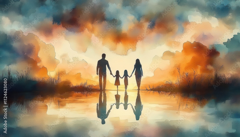 Wall mural Family Holding Hands in Faith with Jesus Christ in a Serene Watercolor Scene