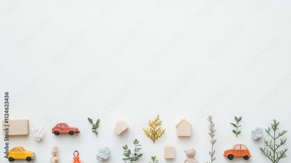Poster flat lay arrangement of various children's toys like cars, blocks, and dolls displayed on a clean wh