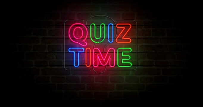 Quiz time question competition quest neon symbol on brick wall. Education game light color bulbs. Loopable and seamless abstract concept animation.