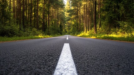 Obraz premium A paved road winds through a forest in the summer.